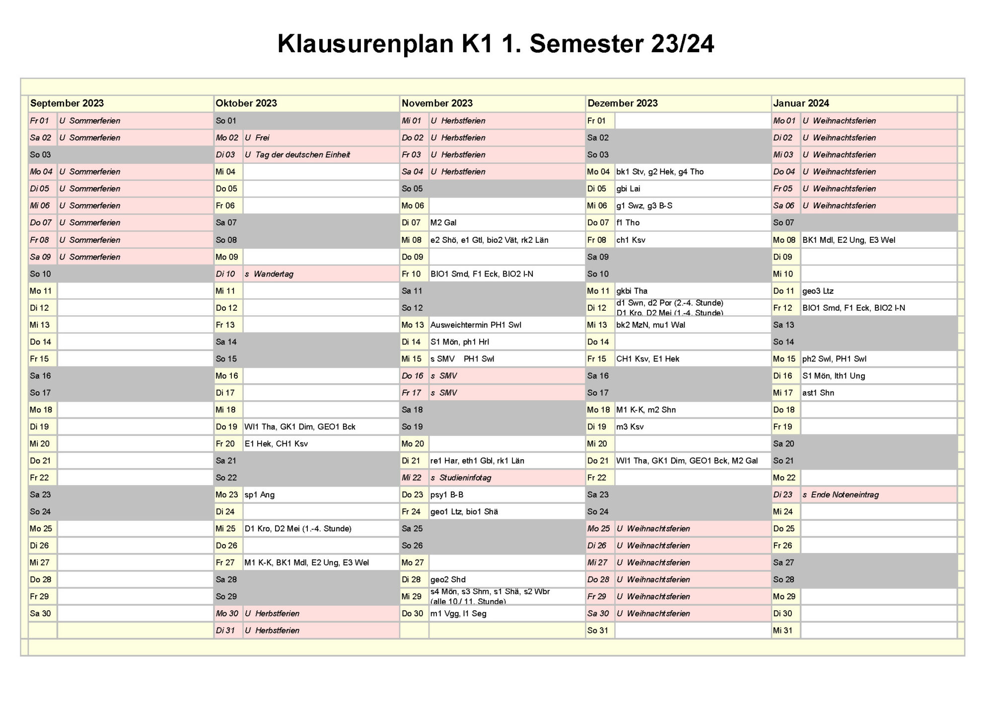 Klausurenplan K1 erstes Halbjahr 2023/2024 MartinSchongauerGymnasium